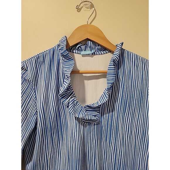 J. McLaughlin Durham Ruffle Neck 3/4 Sleeve Catalina Cloth Top M Blue Stripe - Picture 2 of 6